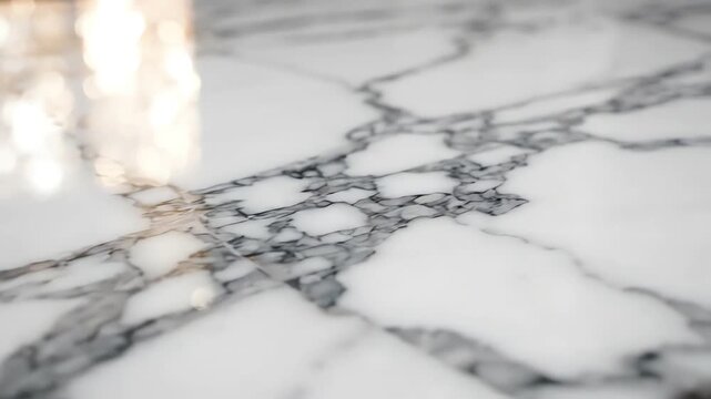 Smooth cinematic tracking shot over luxury statuario white marble surface with elegant gray veins and soft light reflections