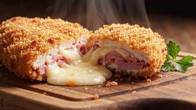 Slow motion pan of golden breaded chicken cordon bleu showing layers of melted swiss cheese and ham on dark wood