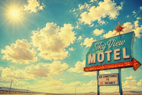 Vintage-style sky with fluffy clouds and warm sunlight, evoking nostalgic feelings.