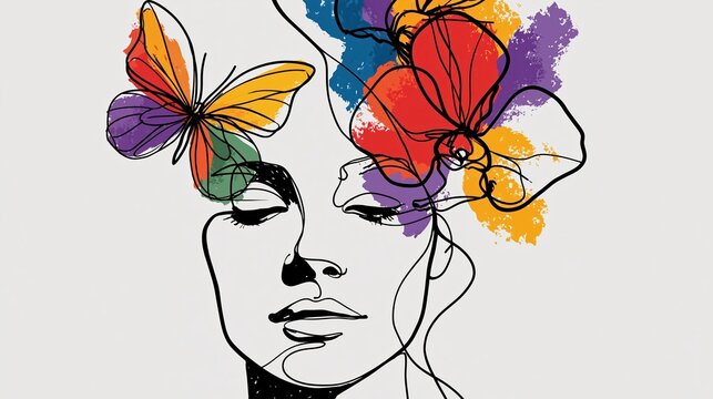 Minimalist line art portrait of a woman with floral elements representing fashion, beauty, and modern abstract design.