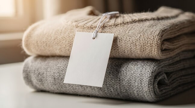Stack of Cozy Knitted Sweaters with Blank Price Tag.