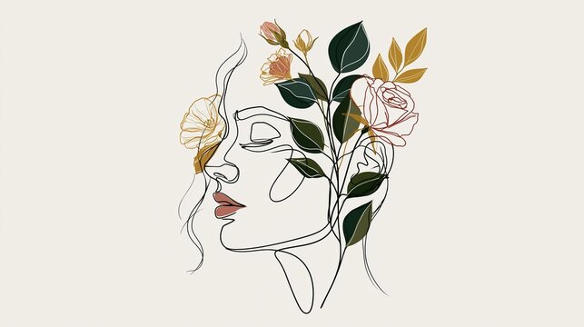 Minimalist line art portrait of a woman with floral elements representing fashion, beauty, and modern abstract design.