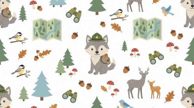 Pattern: wolf explorer, deer, fawn, birds, trees, mushrooms, acorns, map, binoculars