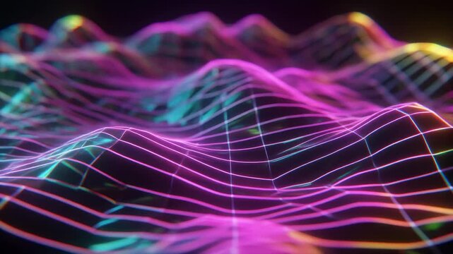 Glowing Neon Wireframe Landscape 4K Generative AI