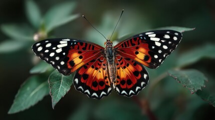 Obraz premium Vibrant Butterfly with Orange and Black Wings on Green Leaves