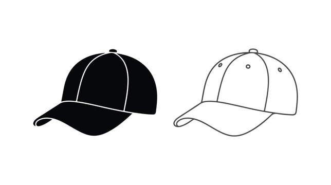 Baseball cap vector template set, black and white headwear icons, blank sports hat mockup for apparel branding and uniform design