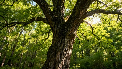 Fototapeta premium Black locust tree growing in a peaceful woodland landscape, dense green canopy, rugged deeply textured bark