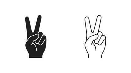 Fototapeta premium Peace sign hand gesture icons, black silhouette and line art victory fingers, minimalist two finger v-sign symbols for success and harmony