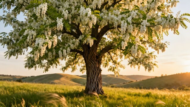 Black locust tree standing in a peaceful green meadow, abundant white blossoms