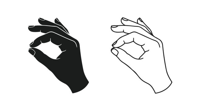 Minimalist hand gesture icons showing okay sign, black silhouette and line art hand symbols, human hand making circle gesture vector set
