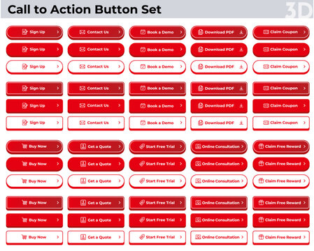 3D English CTA Button Set for Web and UI Design, Modern Call to Action Vector