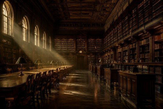 Empty grand library in early morning with a single ray of light.
