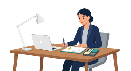 Fototapeta premium A professional woman in a business suit sits at her desk, writing ideas in a notebook alongside a laptop and a brightly lit desk lamp.