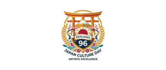 Obraz premium Traditional Heritage Emblem with Torii Gate and Mountain Peak Illustration
