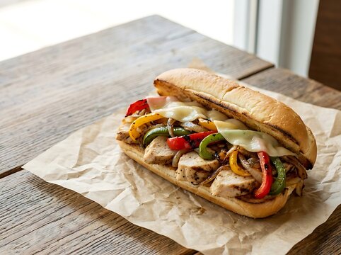 Fresh chicken sandwich with bell peppers and onions served on a rustic wooden table in a cafe kitchen. Delicious chicken philly sandwich