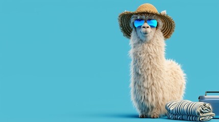 Fototapeta premium Cheerful Fluffy Alpaca Wearing Sunglasses and Straw Hat with Summer Travel Copy Space on Blue Background
