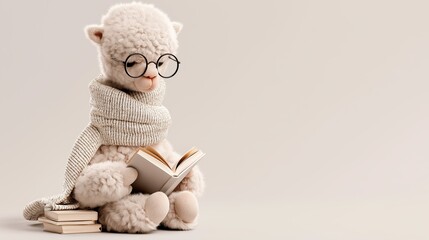 Fototapeta premium Cute Cozy Alpaca Reading a Book Wearing Round Glasses with Warm Neutral Copy Space Background