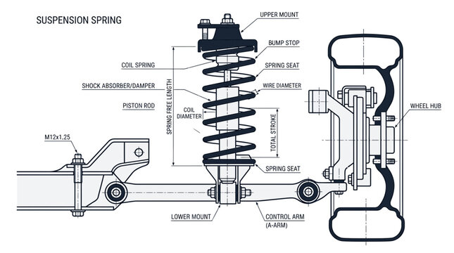Automotive suspension spring and strut technical blueprint diagram.