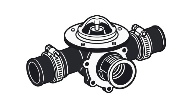 Automotive thermostat housing assembly with hose clamps illustration.