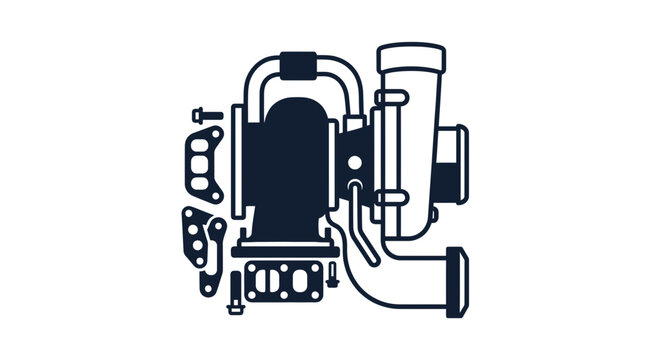 Automotive turbocharger assembly with gaskets and mounting hardware.