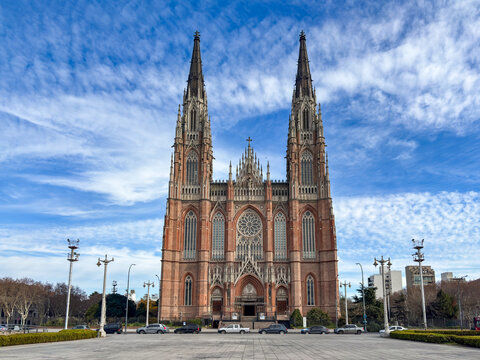 Neogothic exterior facade of the Cathedral in City of La Plata by day