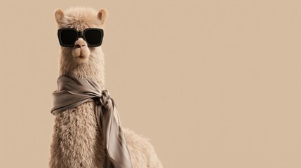Fototapeta premium Luxury Fashion Alpaca Wearing Oversized Sunglasses and Silk Scarf with Elegant Neutral Copy Space