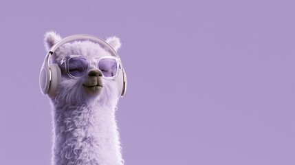 Fototapeta premium Stylish Alpaca Wearing Headphones and Transparent Glasses Enjoying Music on Lavender Background with Copy Space