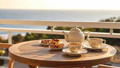 Fototapeta premium Tea time on a wooden balcony overlooking the ocean with pastries and fruit