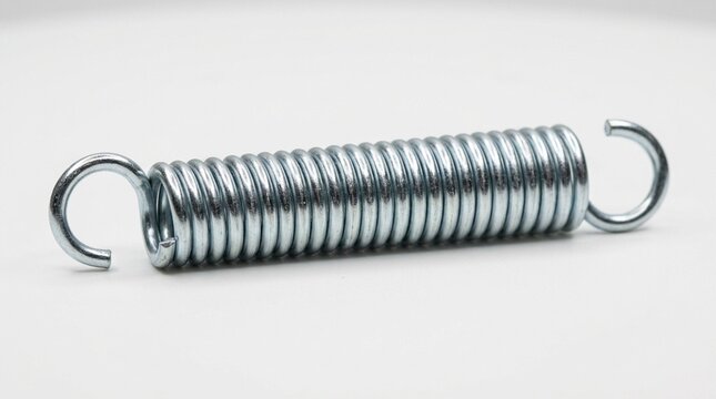 Extension spring in zinc plated steel on white surface macro product Canon EOS R5 100mm macro ISO 100 f/18 1/200s ring flash no people no brands no text no logos