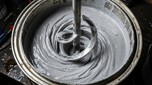 Industrial paint stirrer mixing pot of gray primer overhead macro action Canon EOS R5 100mm macro ISO 400 f/9 1/500s studio strobe freeze swirl no people no brands no text no logos