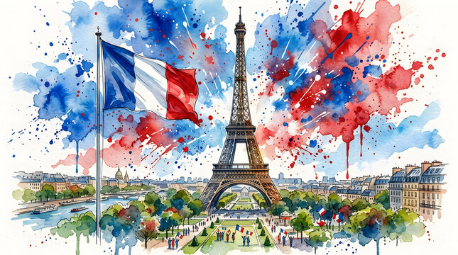 Eiffel tower in paris with french flag and watercolor splashes
