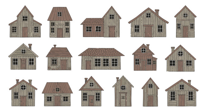 Set of 15 hand-drawn rustic wooden house illustrations with weathered timber planks, various roof shapes, and window designs. Artisanal cottage collection isolated on a white background.