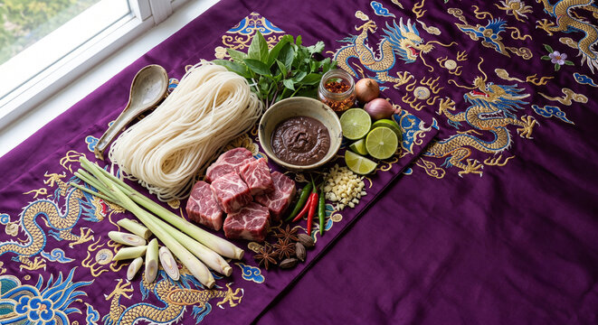 Cinematic overhead flat lay of Bun Bo Hue noodle ingredients on purple silk