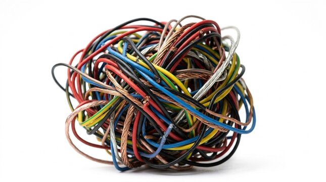 Tangled wire knot on white background macro industrial complication concept Canon EOS R5 100mm macro ISO 100 f/14 1/160s single softbox from upper left no people no brands no text no logos
