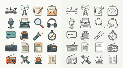 Set of communication icons in color and outline versions, representing various forms of transmitting information and data. © renender