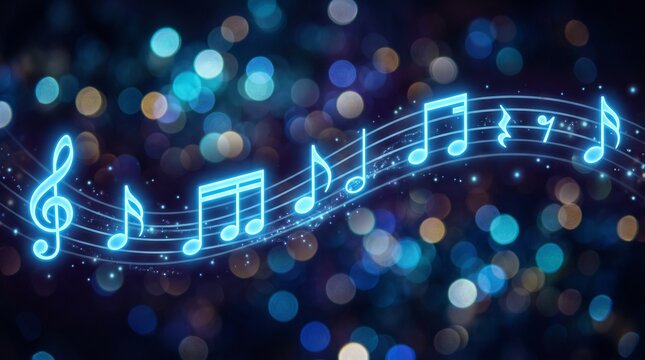   
Glowing neon blue musical staff with treble clef, notes, and rests, floating against dark background, colorful bokeh lights, vibrant artistic design symbolizing energy of music.