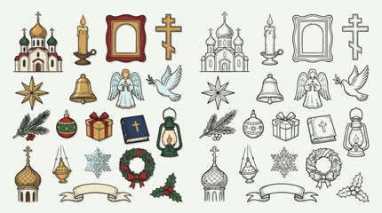Naklejka premium Collection of Orthodox Christian symbols and elements for religious holidays and celebrations.