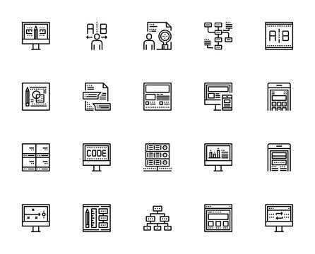 Web Accessibility icon set. Minimal linear icons pack. Related to graphic design, testing, research, analysis, sketching, prototype, coding, browser, app, and more.