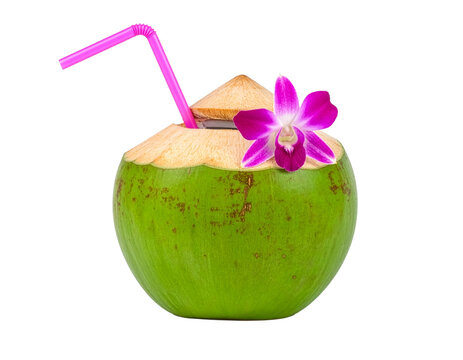Coconut drink with pink straw and orchid blossom.