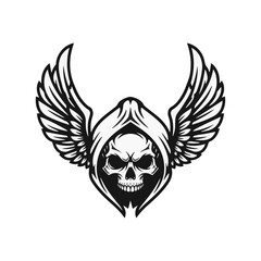 Obraz premium Black and white vector illustration of a human skull wearing a draped hood with large spread feathered wings on a white background, suitable for tattoo and apparel design motifs.