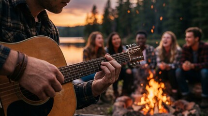 Obraz premium Friends gather around campfire by serene lake at sunset while one plays acoustic guitar