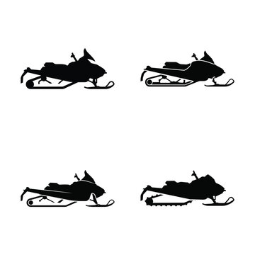 Set of black silhouette snowmobiles on white background vector illustration collection.