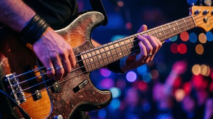 Fototapeta premium Musician's skilled hands play electric bass guitar on vibrant live stage with colorful lights