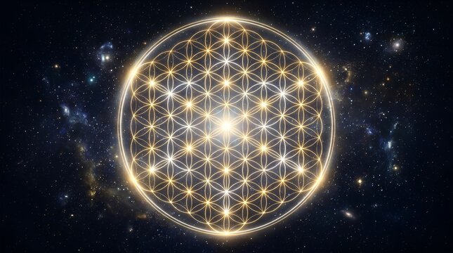 Sacred geometry flower of life symbol, glowing gold mandala in deep space, cosmic spiritual background with stars and nebula