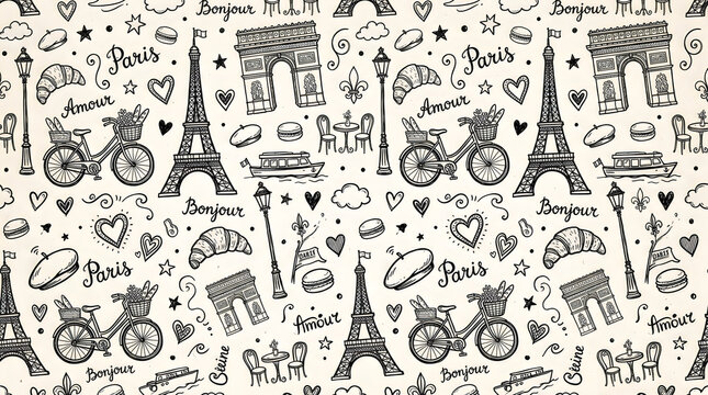 Paris city seamless pattern with hand drawn doodle icons