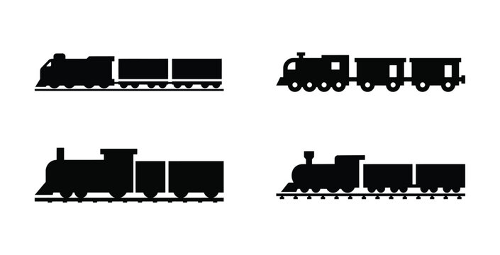 Four vintage train silhouette icons with carriages isolated on white background design.