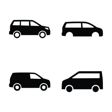 Collection of black van and minivan vehicle icons isolated on white background for design.