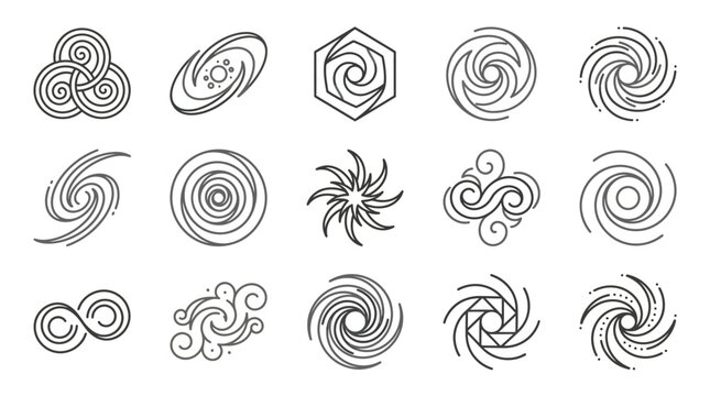 Circular spiral line icons and swirl logo set.
