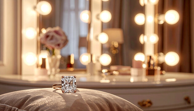 Diamond engagement ring on velvet pillow in luxurious dressing room