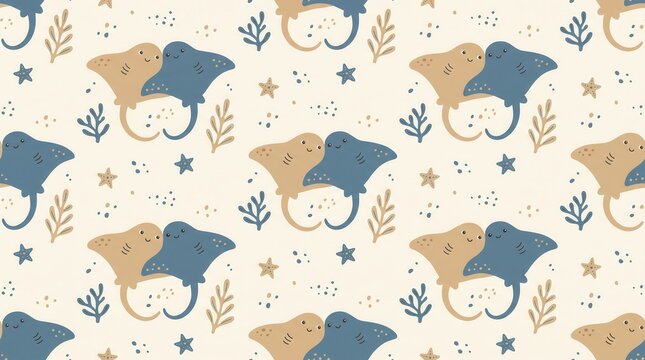Repeating pattern shows two cute manta rays embracing, surrounded by starfish and delicate seaweed